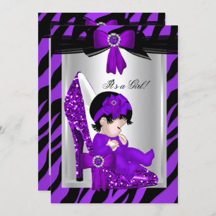 Invitation Zebra violet hauts talons Baby shower Brunette Gir
