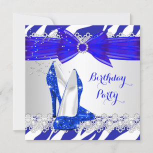 Invitation Zèbre Bleu Blanc Talon Bleu Dentelle Perle Anniver