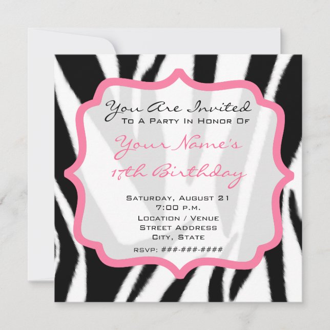 Invitation Zèbre et fête d'anniversaire rose (Devant)
