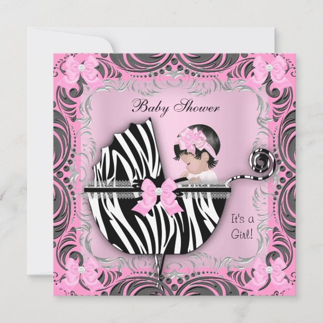 Invitation Zèbre gris rose Baby shower mignonne Bébé fille (Devant)