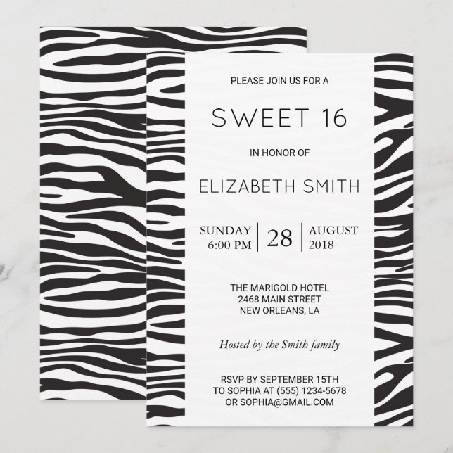 Invitation Zèbre Imprimé, Grilles, Noir Et Blanc, Doux 16 (Devant / Derrière)