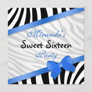 Invitation Zèbre noir blanc, ruban bleu imprimé Sweet 16