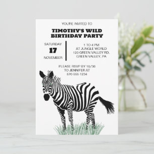 Invitation Zèbre noir et blanc dans la fête dans l'herbe