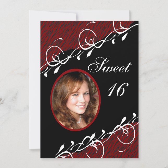 Invitation Zèbre noir et rouge foncé Imprimer Sweet 16 Invita (Devant)