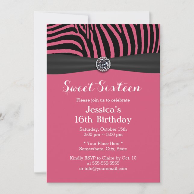 Invitation Zèbre rose moderne rayures noir Ruban doux 16 (Devant)