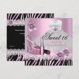 Invitation Zèbre Rose Noir Sweet Sixteen 16 Robe Lipstick 2