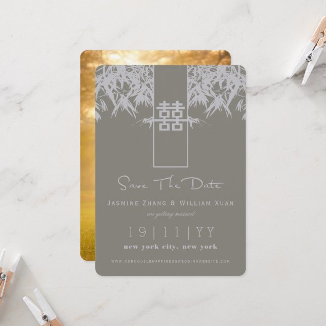 Invitation Zen Bamboo Double Bonheur Chinois Sauver La Date (Devant/Arrière en situation)