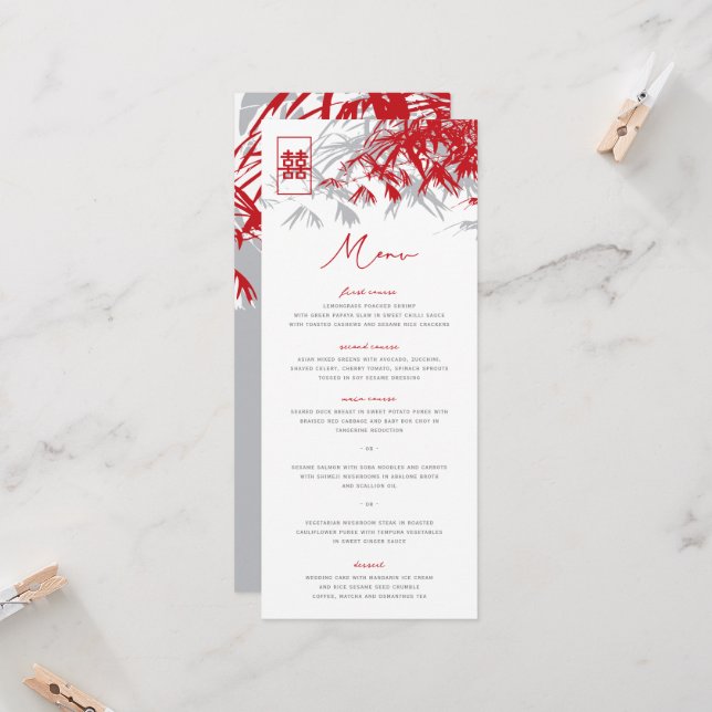 Invitation Zen Bamboo Feuille Double Happiness Mariage Menu (Devant/Arrière en situation)
