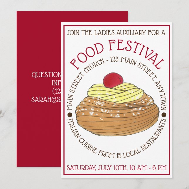Invitation Zeppole Pâtisserie Italien Sicilien Food Festival (Devant / Derrière)