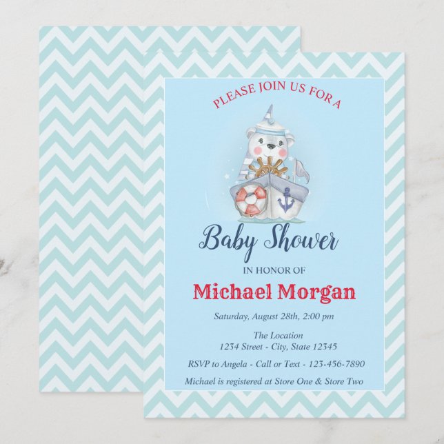 Invitation Zigzag, Sailor, Ahoy C'est un Baby shower GARÇON (Devant / Derrière)