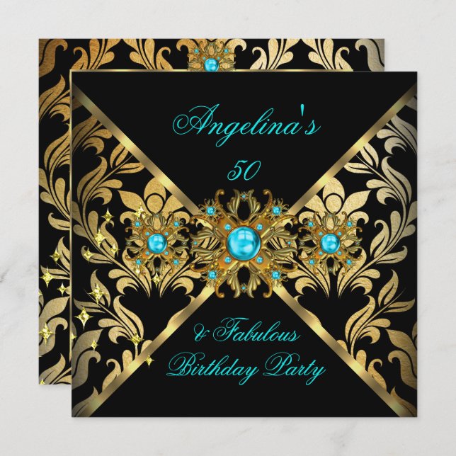 Invitation ZIZZAGO DESIGN Fabulous Turquoise Gold Black Damas (Devant / Derrière)