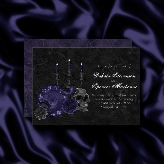 Invitation Zodiac Magie | Minuit Indigo Roses de crâne gothiq (Créateur téléchargé)