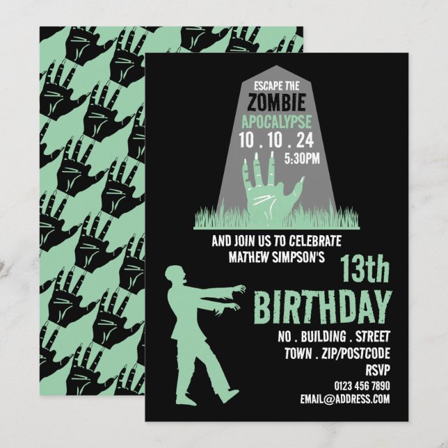 Invitation Zombie Apocalypse Thème Escape Room Anniversaire (Devant / Derrière)