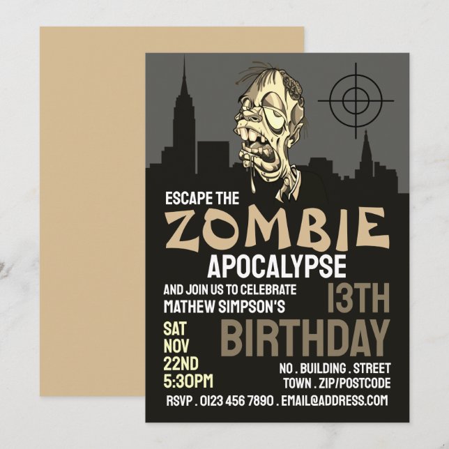 Invitation Zombie Apocalypse Thème Escape Room Anniversaire (Devant / Derrière)