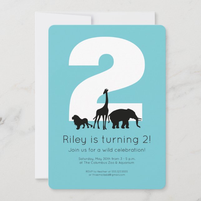 Invitation Zoo animaux turquoise enfant anniversaire invitati (Devant)