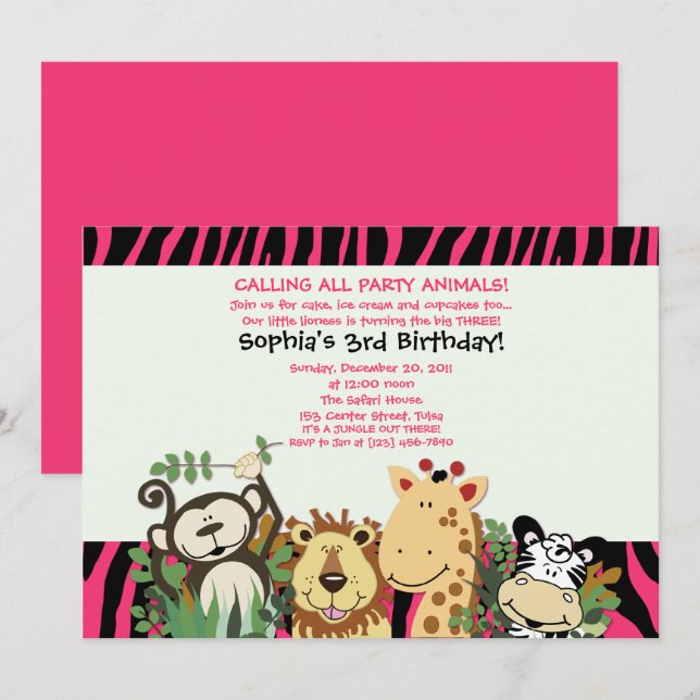 Invitation ZOO CREW 5x7 Tendance Zebra Stripe Jungle Party (Devant / Derrière)