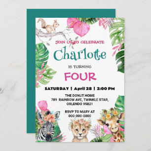 Invitation Zoo mignon jungle Animaux Anniversaire Floral
