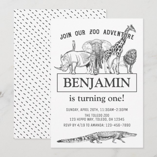 Invitation Zoo noir et blanc personnalisé Animaux Anniversair (Devant / Derrière)
