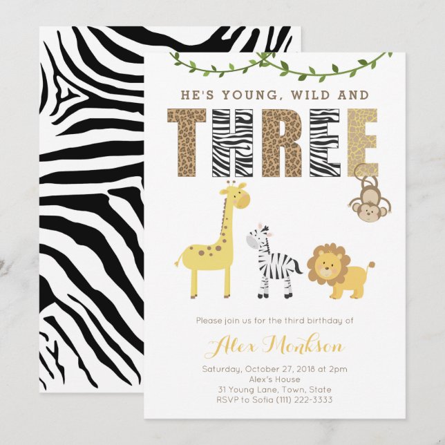 Invitation Zoo Safari Animaux 3e fête d'anniversaire pour gar (Devant / Derrière)