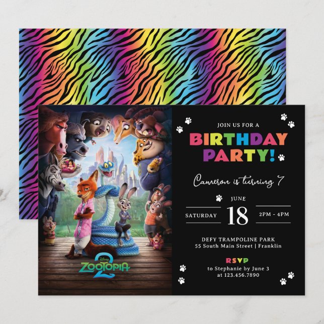 Invitation Zootopia 2 Birthday Party (Devant / Derrière)