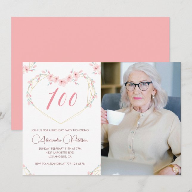 Invitations à 100e anniversaire Boho Floral Photo (Devant / Derrière)