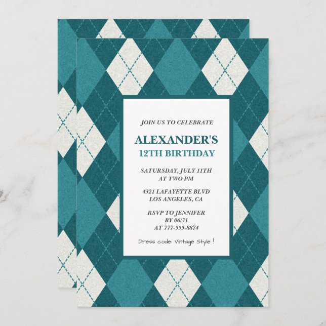 Invitations à 12e anniversaire Garçon Vintage bleu (Devant / Derrière)