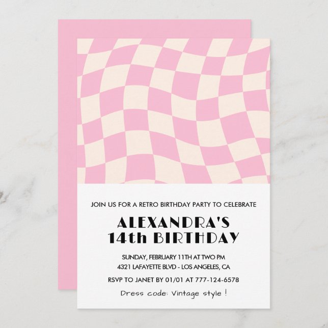 Invitations à 14e anniversaire À damiers Retro Pin (Devant / Derrière)