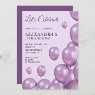 Invitations à 17e anniversaire Ballons Chic Purple