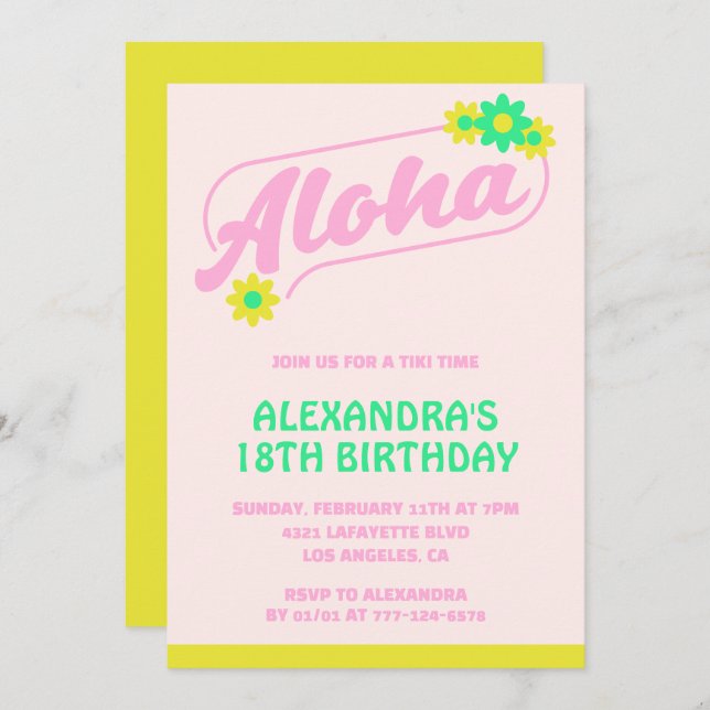 Invitations à 18e anniversaire Tropical Aloha Pink (Devant / Derrière)