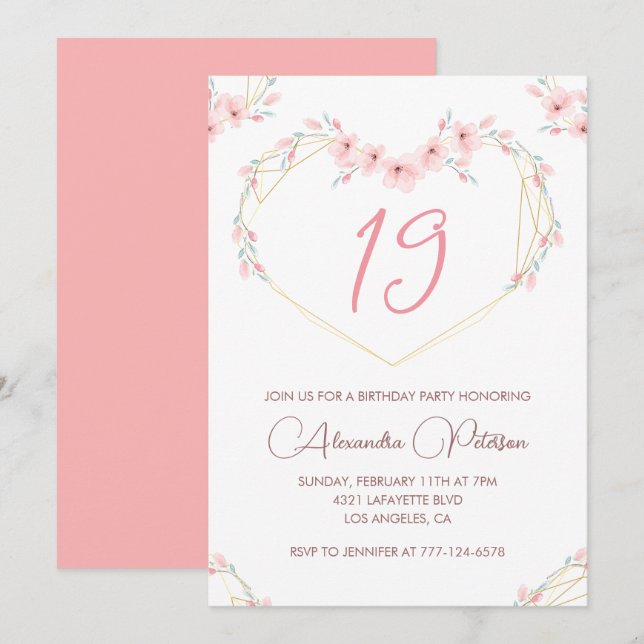 Invitations à 19e anniversaire Boho Floral Pink (Devant / Derrière)