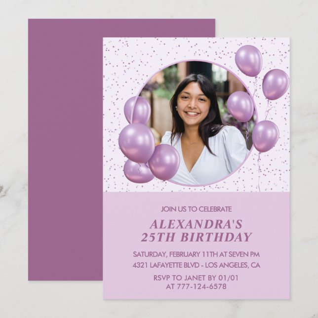 Invitations à 25e anniversaire Ballons Photo Purpl (Devant / Derrière)