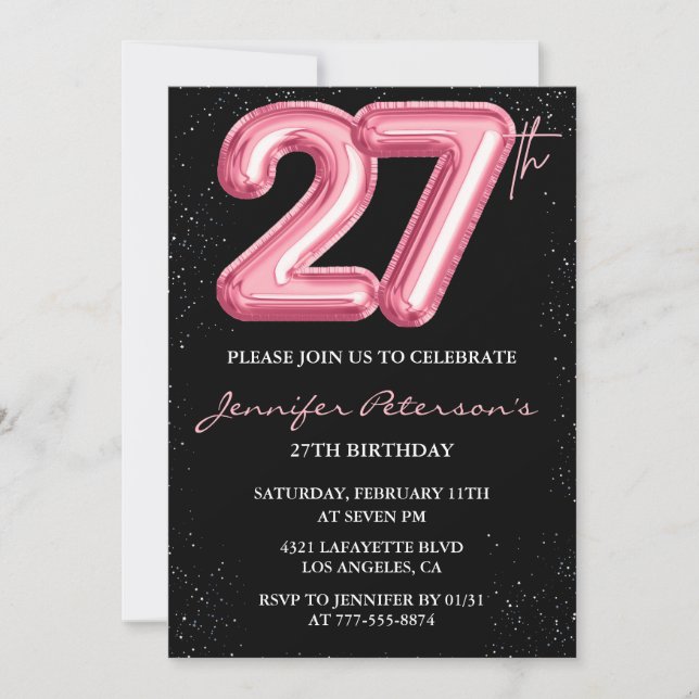 Invitations à 27e anniversaire Pink Balloon Glam B (Devant)