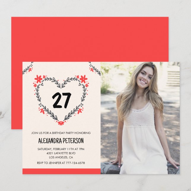 Invitations à 27e anniversaire pour son coeur flor (Devant / Derrière)