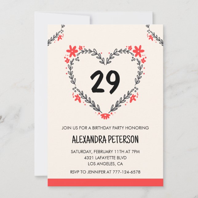 Invitations à 29e anniversaire pour son coeur flor (Devant)