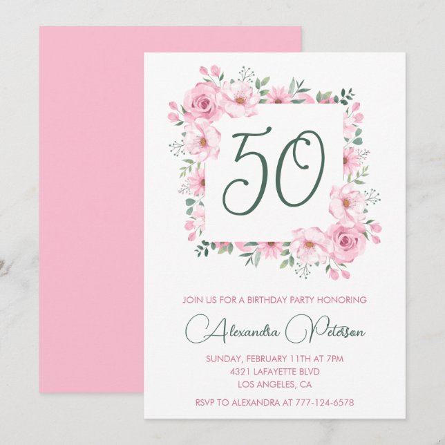 Invitations à 50e anniversaire Floral Elegant Pink (Devant / Derrière)