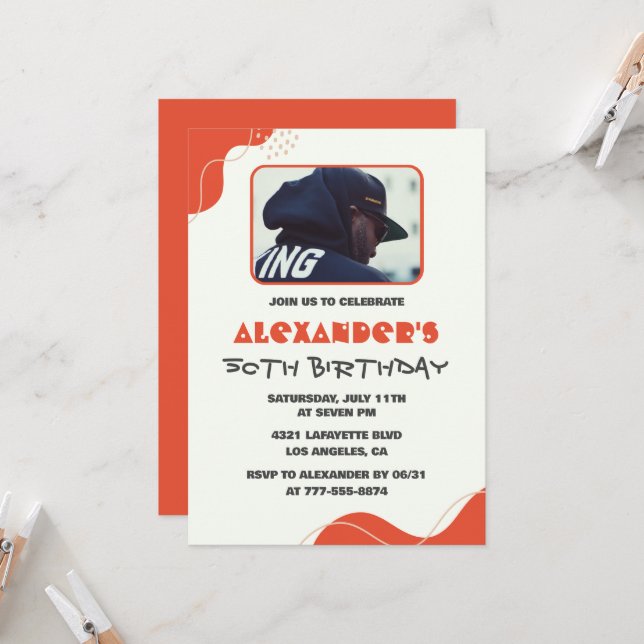 Invitations à 50e anniversaire Hommes Red Simple P (Devant/Arrière en situation)