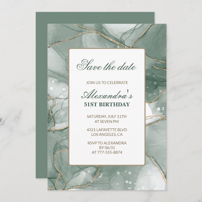 Invitations à 51e anniversaire Sauvez la date Vert (Devant / Derrière)