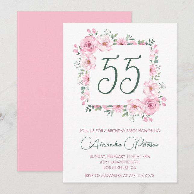 Invitations à 55e anniversaire Floral Elegant Pink (Devant / Derrière)