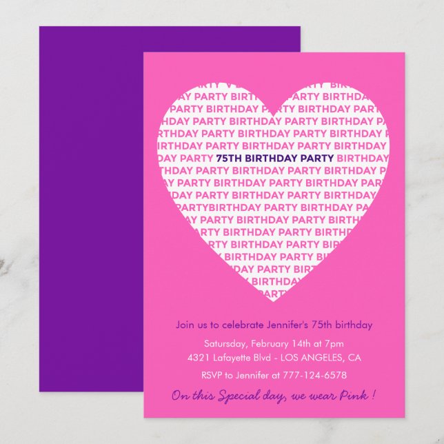 Invitations à 75e anniversaire Pink Heart Modern (Devant / Derrière)