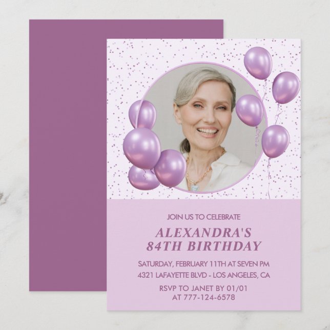 Invitations à 84e anniversaire Photo Purple Ballon (Devant / Derrière)