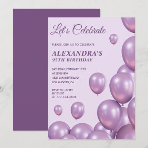 Invitations à 95e anniversaire Ballons Chic Purple