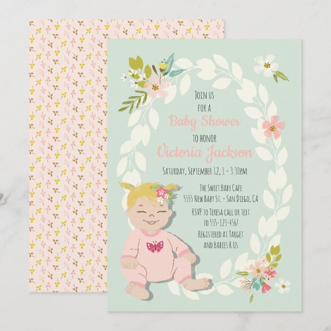 invitations à la douche bébé blonde fleurie douce (Devant / Derrière)