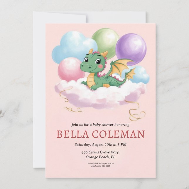 invitations à la douche bébé dragon mignonne (Devant)