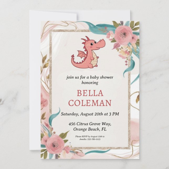 invitations à la douche bébé dragon mignonne (Devant)