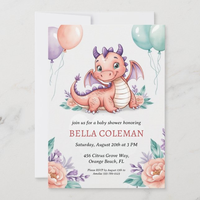 invitations à la douche bébé dragon mignonne (Devant)