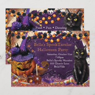 Invitations à la fête Citrouille de Cat Halloween