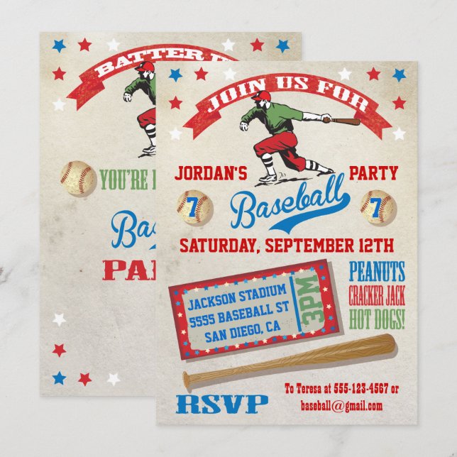 Invitations à la fête d'anniversaire de baseball v (Devant / Derrière)