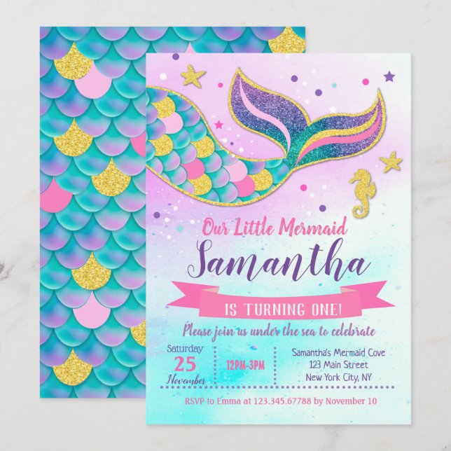 Invitations à la fête d'anniversaire de la Sirène (Devant / Derrière)