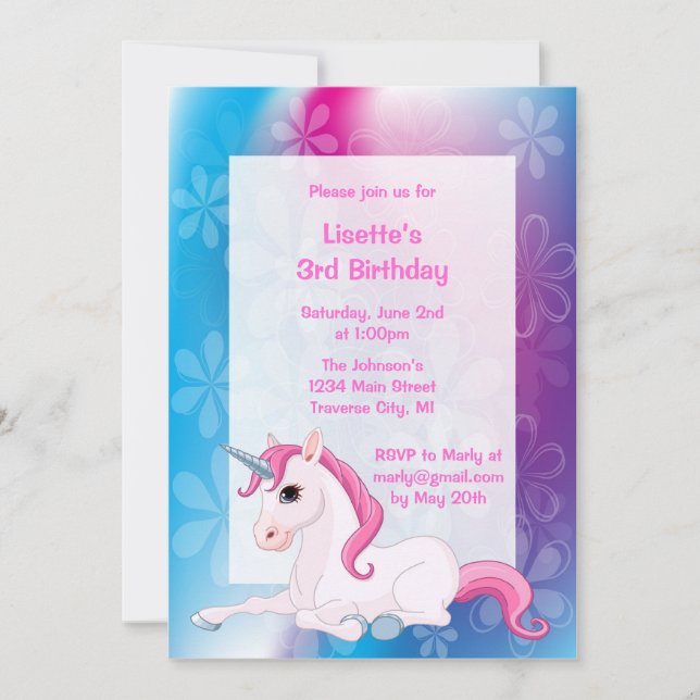 Invitations à la fête d'anniversaire de l'Unicorne (Devant)