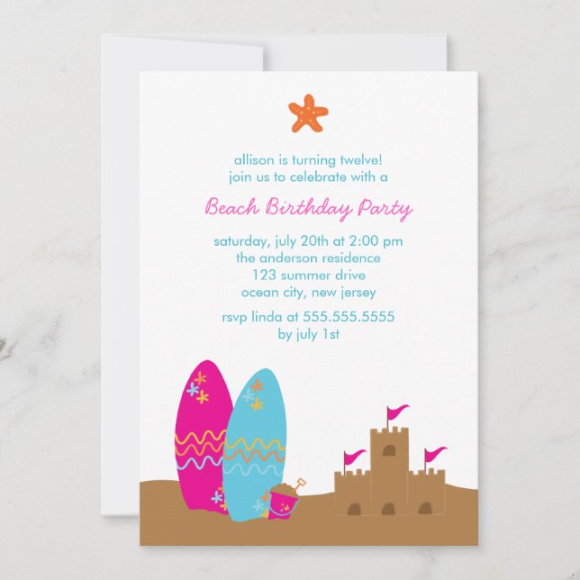 Invitations à la fête d'anniversaire de plage (Devant)